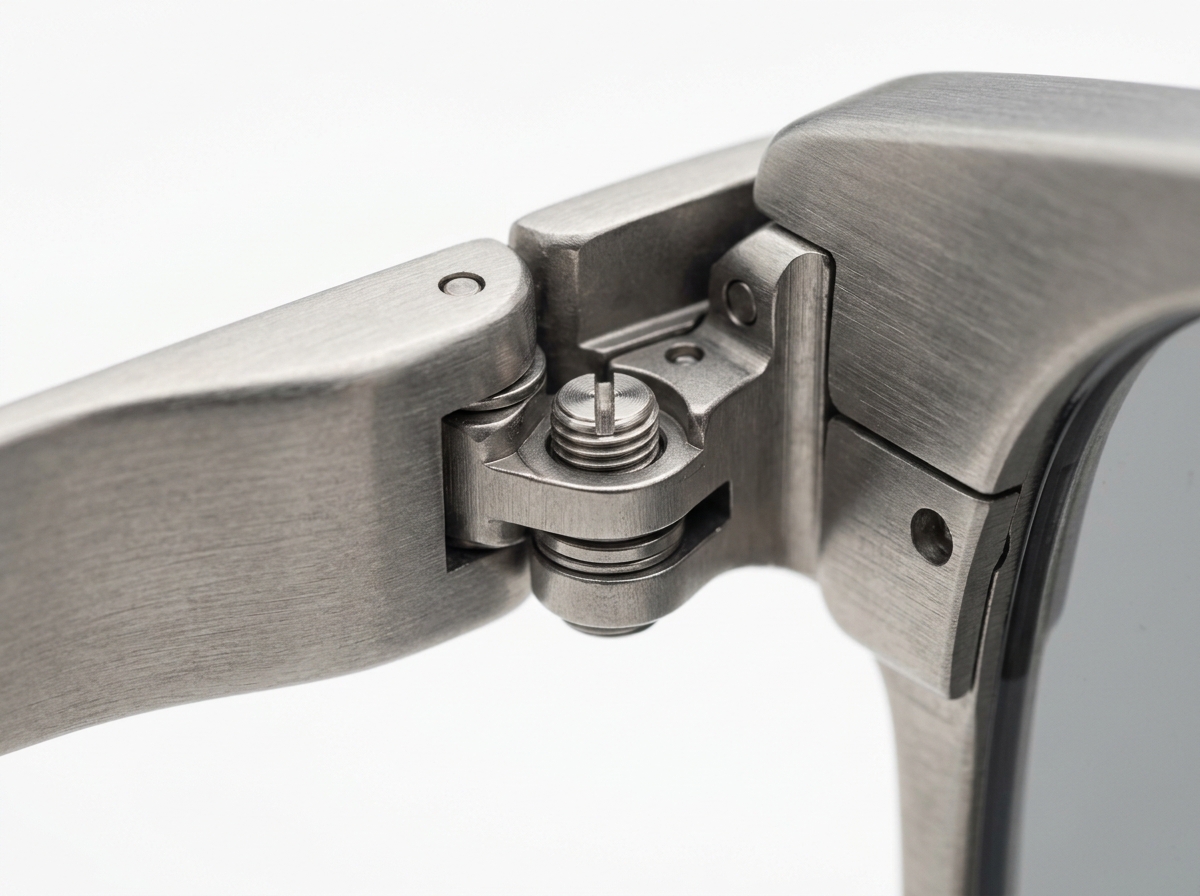 Macro photograph of Averune custom titanium hinge mechanism and precision screw