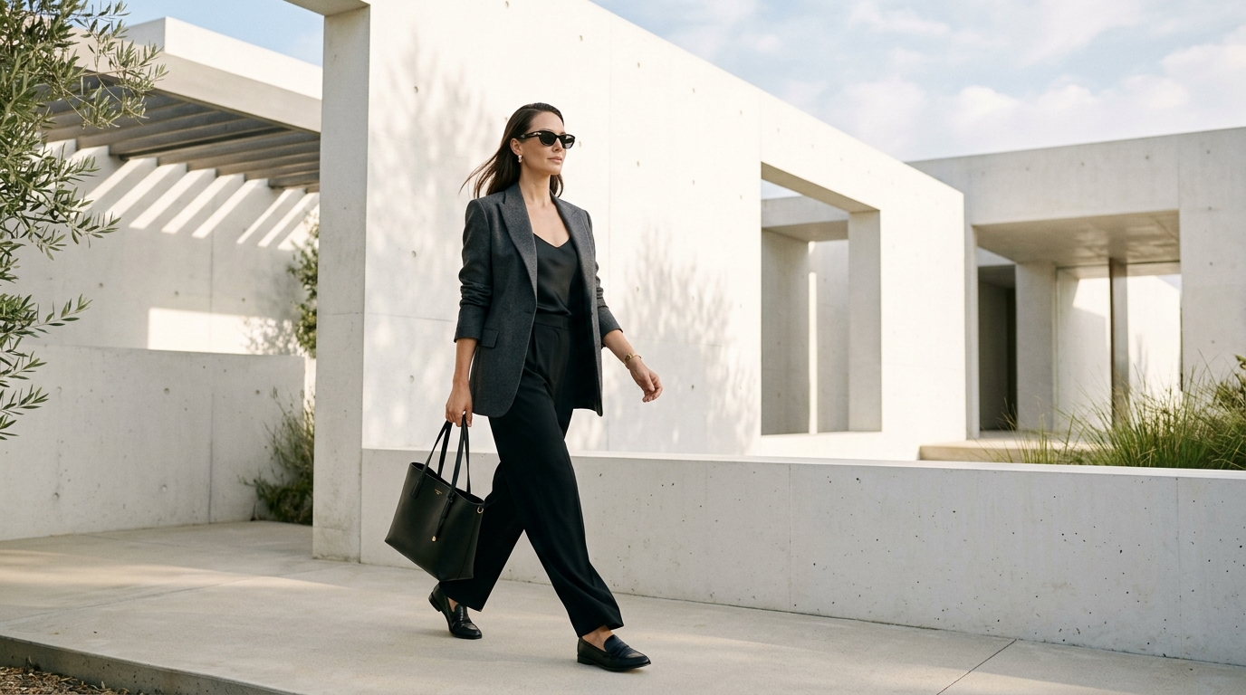 Editorial campaign photograph featuring luxury eyewear in a bright minimalist architectural setting